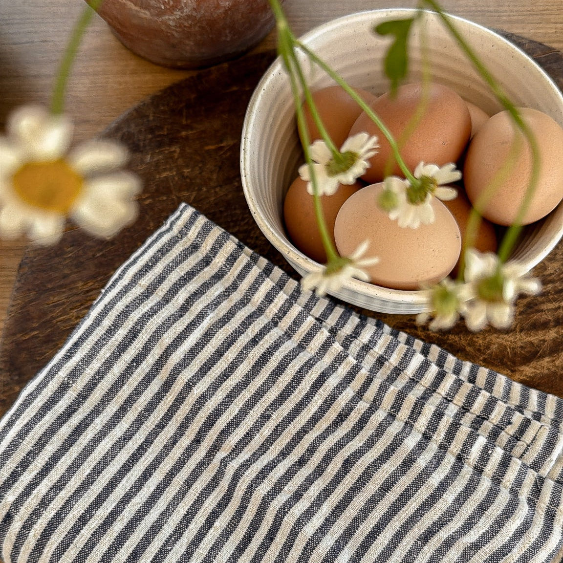 Pantry Stripe linen tea towel in navy