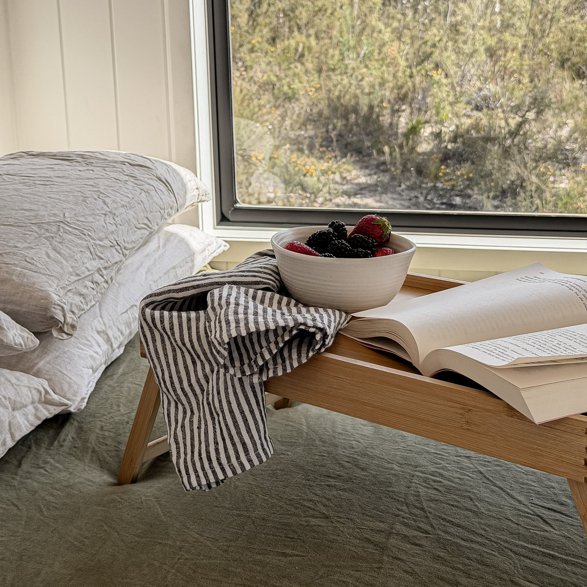 Pantry Stripe linen tea towel in charcoal